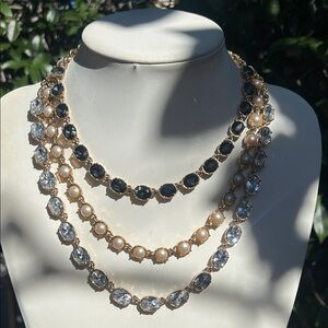 Elegant Ann Taylor Triple Strand Gold Clear Black Rhinestones Pearls Necklace